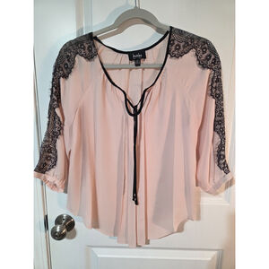 By & By Blouse Size M Pink Black Lace Womens 3/4 Sleeve Whimsy Fairy Goth